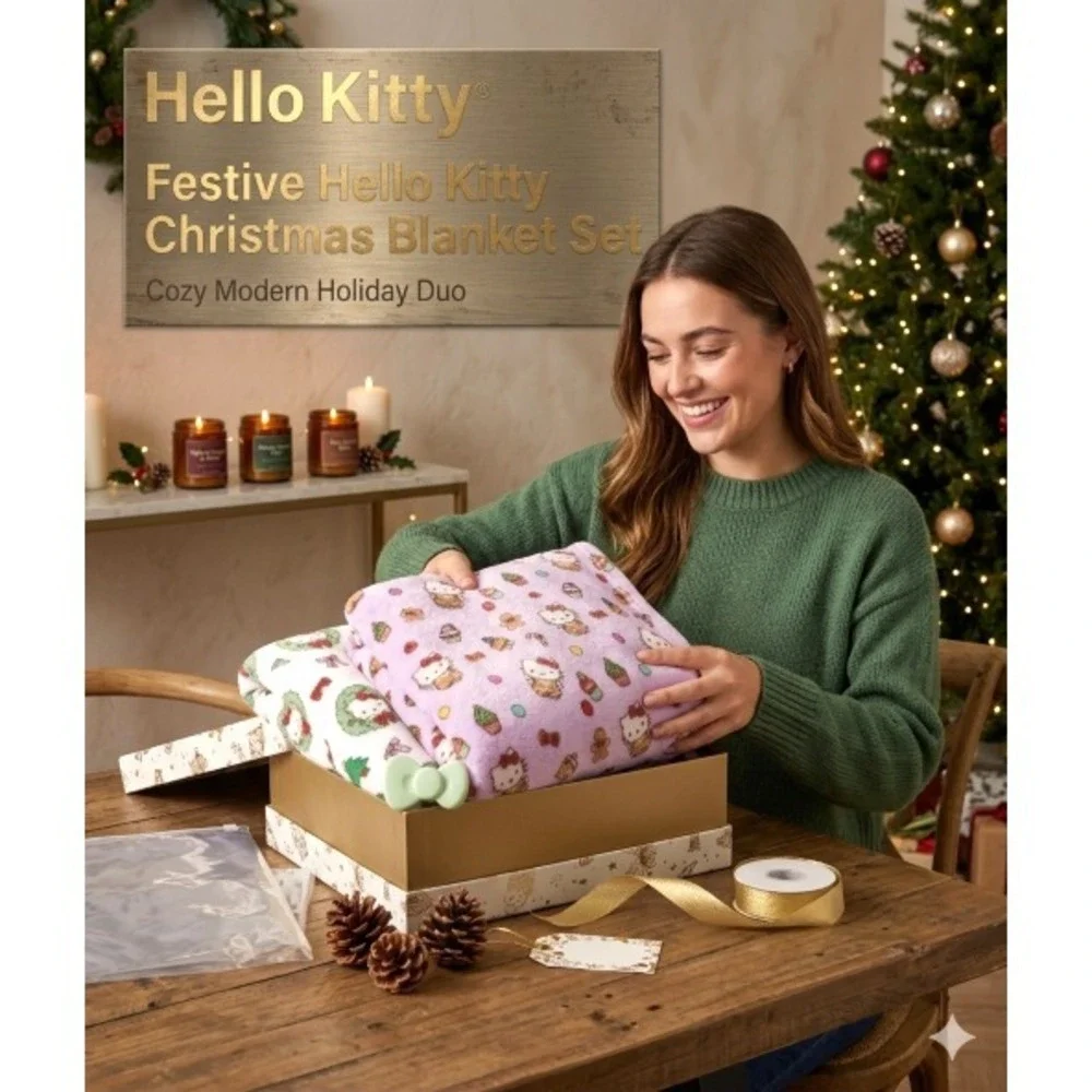 Festive Hello Kitty Christmas Blanket Set – Cozy Modern Holiday Duo